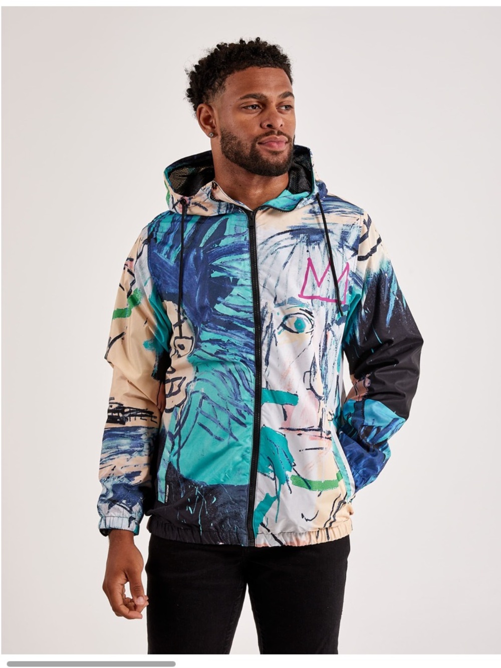 Members Only Multicolor Basquiat-Print Hooded Windbreaker